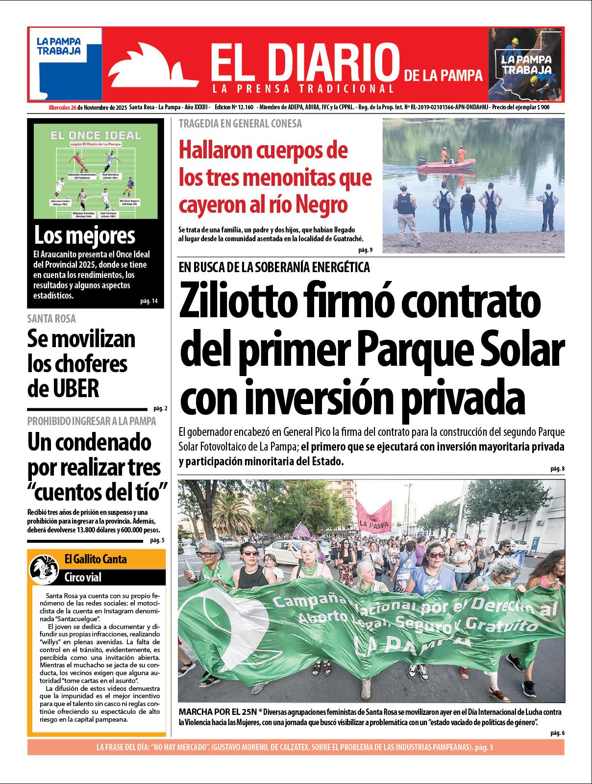 Tapa de El Diario en papel  mieacutercoles 26 de noviembre de 2025